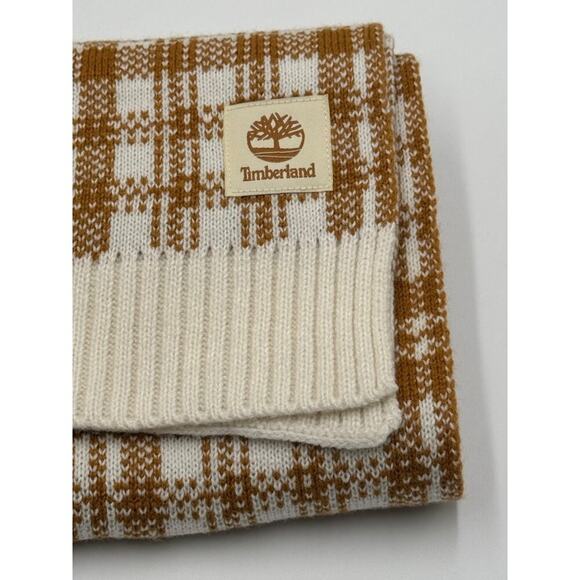 Timberland | Women's Plaid Wool Blend Scarf Brown & White | Layering Accessory - Picture 4 of 7